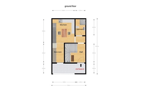 A ground floor layout of a building with a kitchen, bathroom, store room, hall, and entrance.