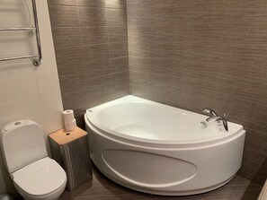 Combined shower/tub, hair dryer, towels, soap