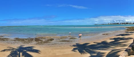 En la playa y camastros