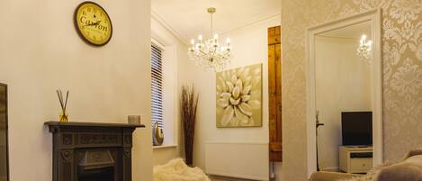 TV, fireplace, DVD player, video library