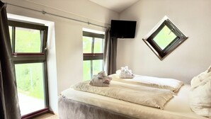 Une chambre à coucher avec un grand lit, deux fenêtres, un téléviseur à écran plat et une petite lucarne.
