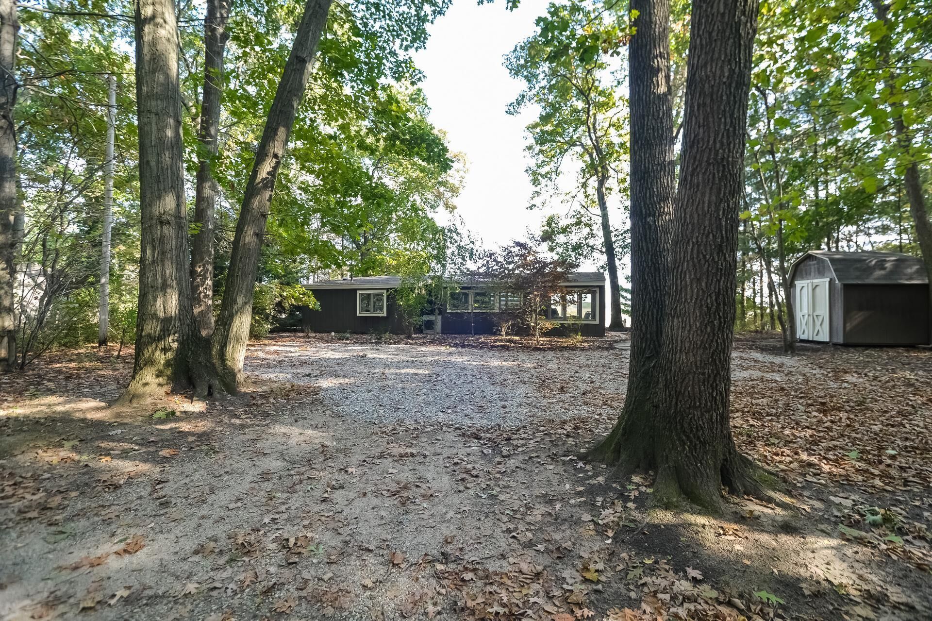 Uma área arborizada com uma cabana pequena e um galpão.