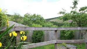 Une clôture en bois offrant une vue sur un paysage verdoyant et des arbres.