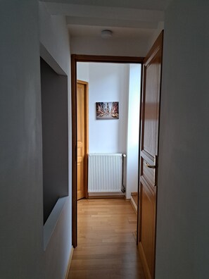 A hallway with a radiator, wooden door, and a painting on the wall.