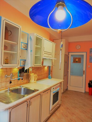 Fridge, microwave, oven, cookware/dishes/utensils