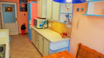 Fridge, microwave, oven, cookware/dishes/utensils