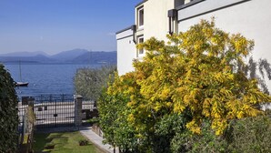 Un bâtiment avec vue sur le lac et les montagnes, un arbre aux fleurs jaunes et une porte.