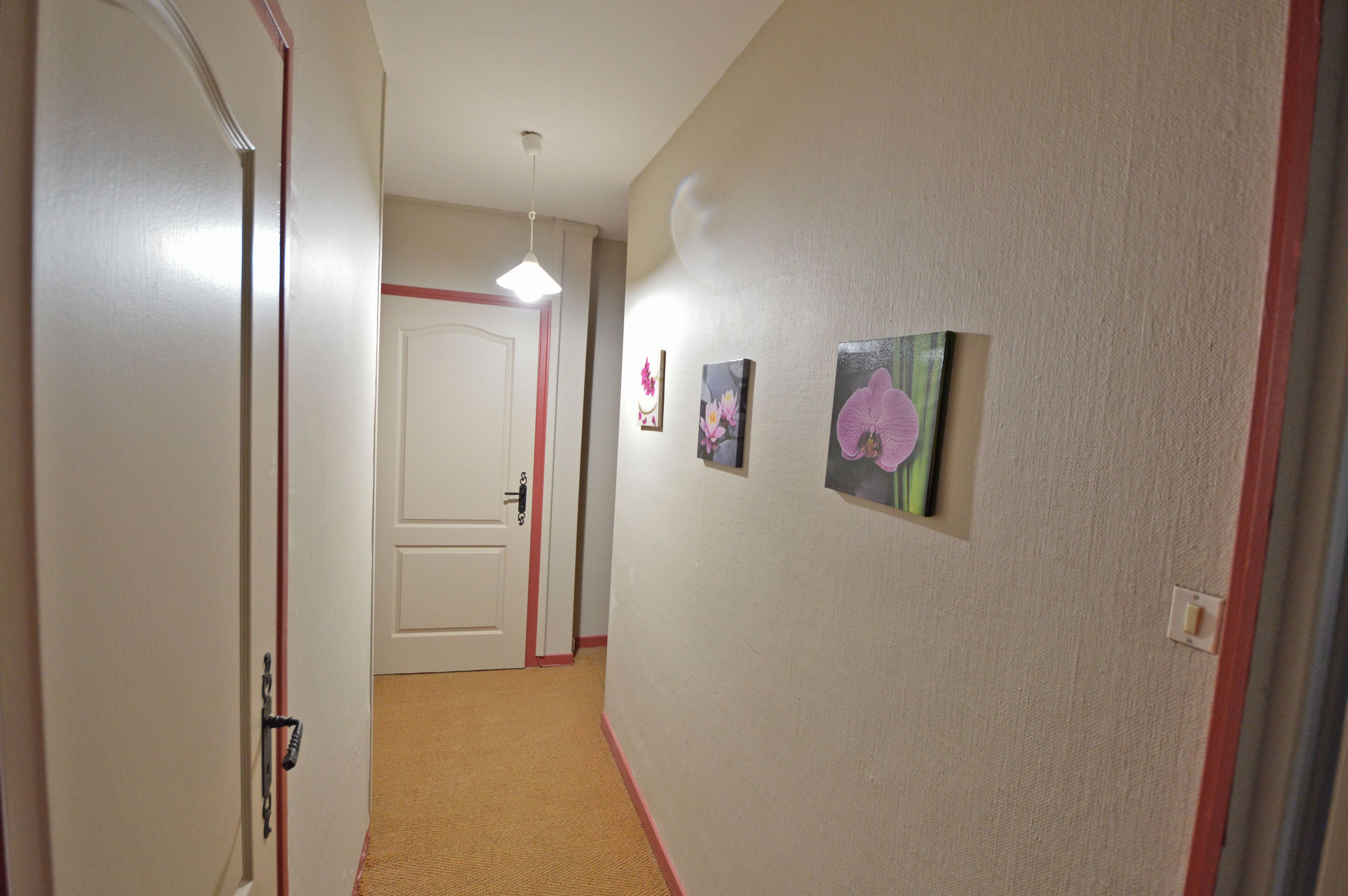 Un couloir doté d’un sol recouvert de moquette, d’une porte blanche avec un encadrement rouge et de trois tableaux encadrés accrochés au mur.