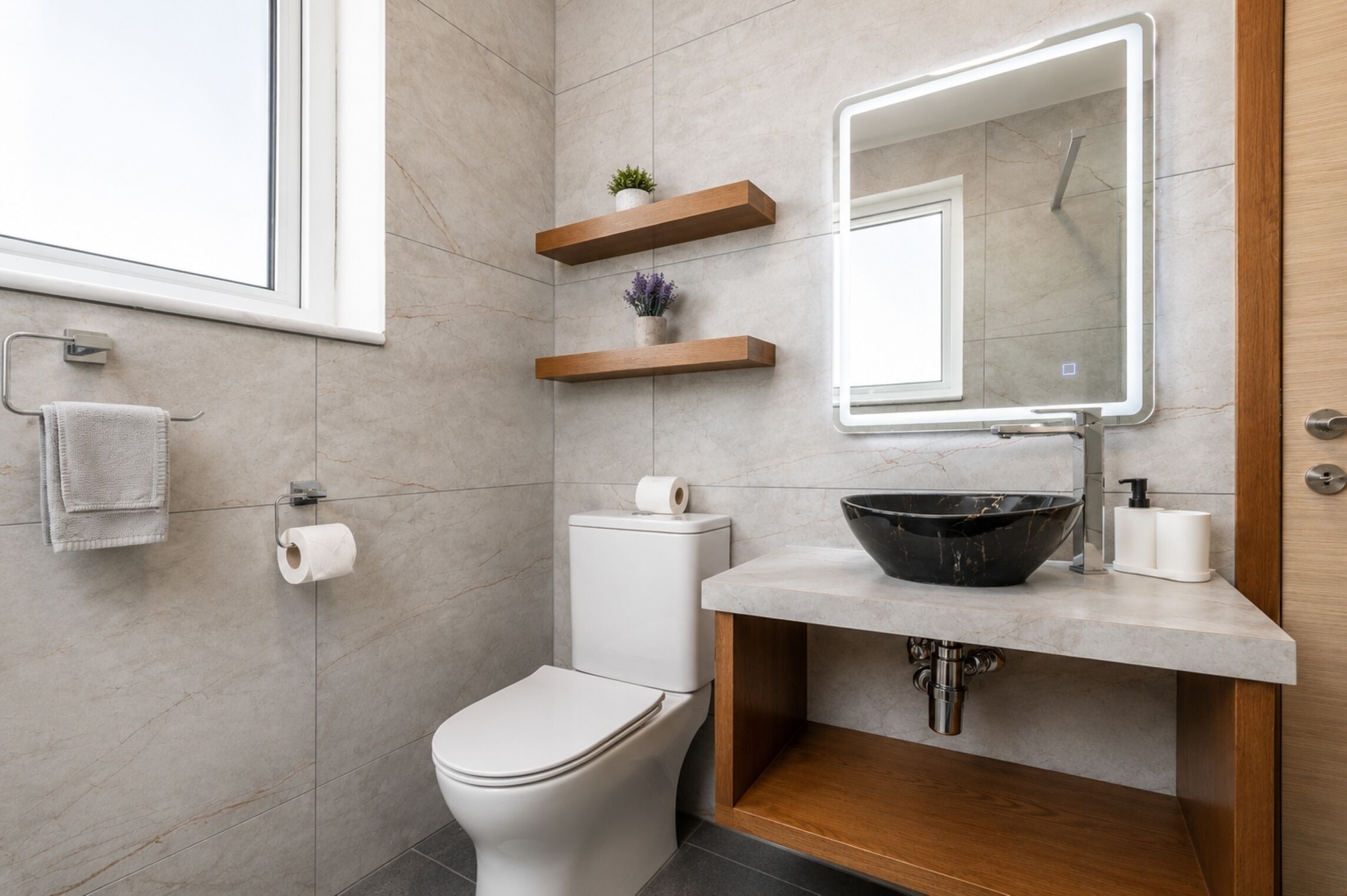 Ein modernes Badezimmer mit Toilette, einem Waschbecken mit schwarzer Schale, einem Spiegel und Holzregalen.