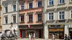 A street scene with a building labeled "WORLD OF AMBER" and a flag.