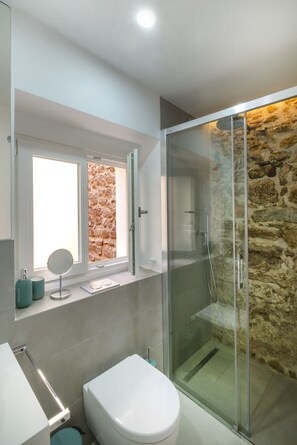Shower, hair dryer, towels