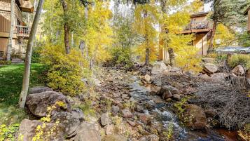 A natural outdoor area with a stream, rocks, and trees with yellow leaves.