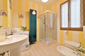 Shower, hair dryer, bidet, towels