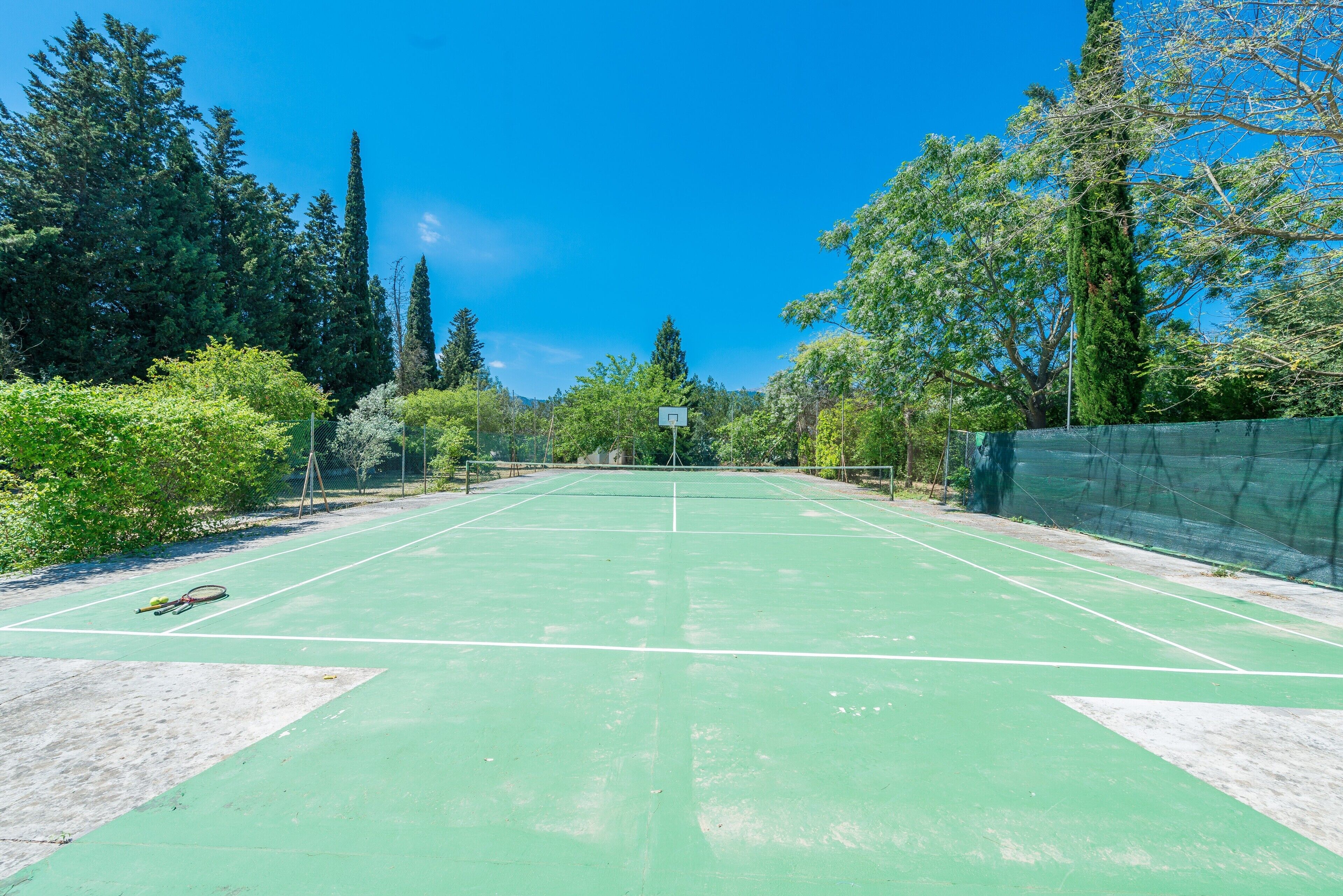 An outdoor tennis court surrounded by trees and a fence.