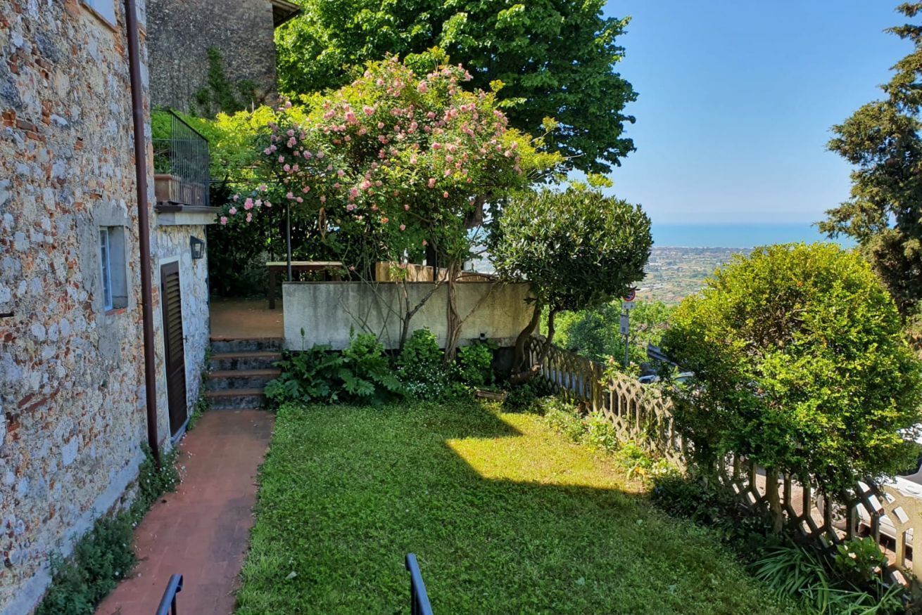 A garden with a stone wall, a wooden fence, and a view of the sea.