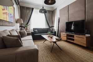 Smart TV, fireplace, DVD player, books