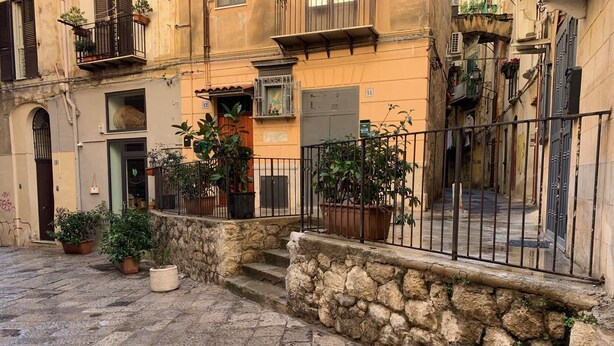 A narrow cobblestone street with stone steps leading up to a building with balconies and potted plants. - La mia struttura (Palermo,)