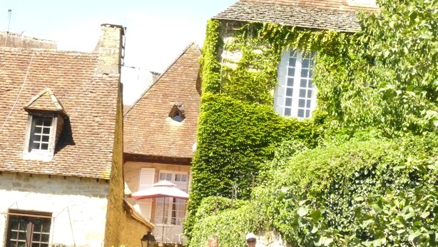 A stone building with ivy-covered walls and a traditional pitched roof.