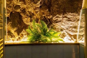 A terracotta-tiled wall with a green fern plant in a corner. - Casa Pina Quiet Apartment (Vernazza)