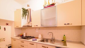 Une cuisine avec des meubles blancs, un évier en acier inoxydable, une cuisinière et une plante suspendue.