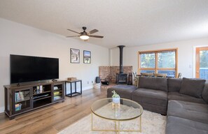 Télévision, cheminée, livres