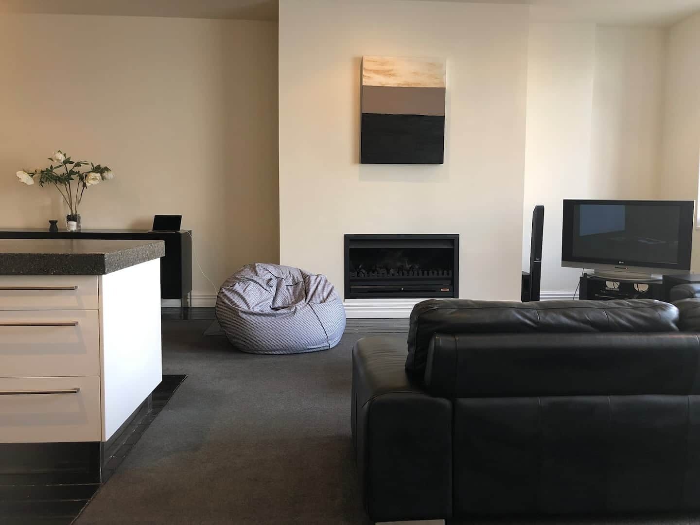 Smart TV, fireplace, books, stereo