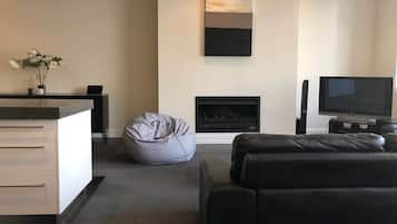 Smart TV, fireplace, books, stereo