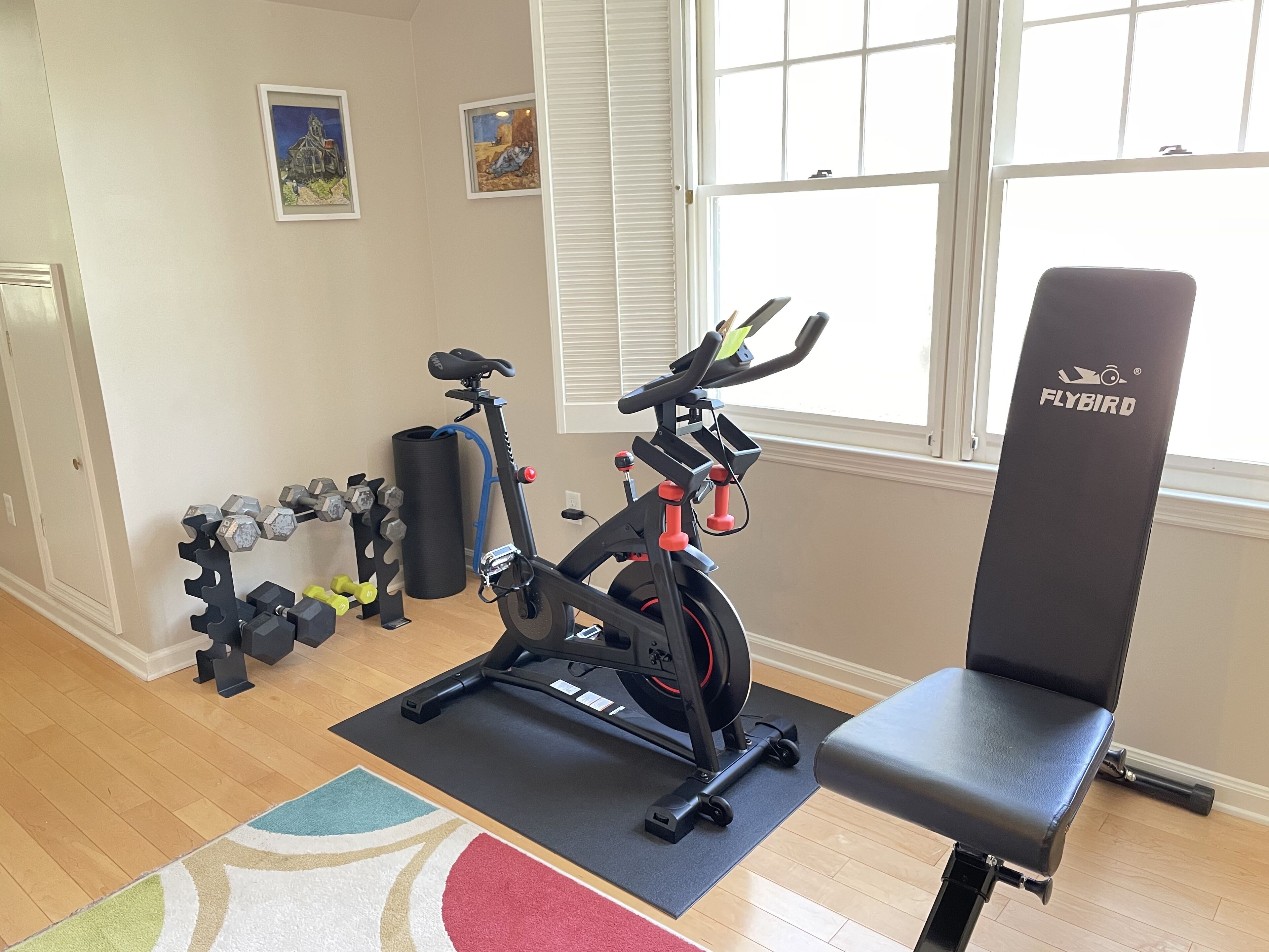 A home gym with a stationary bike, dumbbells, a bench, and exercise mats.