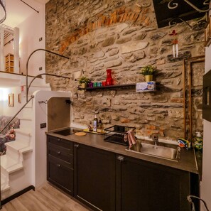 Fridge, microwave, stovetop, coffee/tea maker