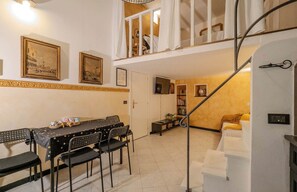 Living area and spiral staircase
