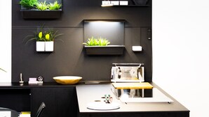 Een moderne keuken met zwarte kastjes, een houten eettafel en ingebouwde plantenbakken met groene planten.