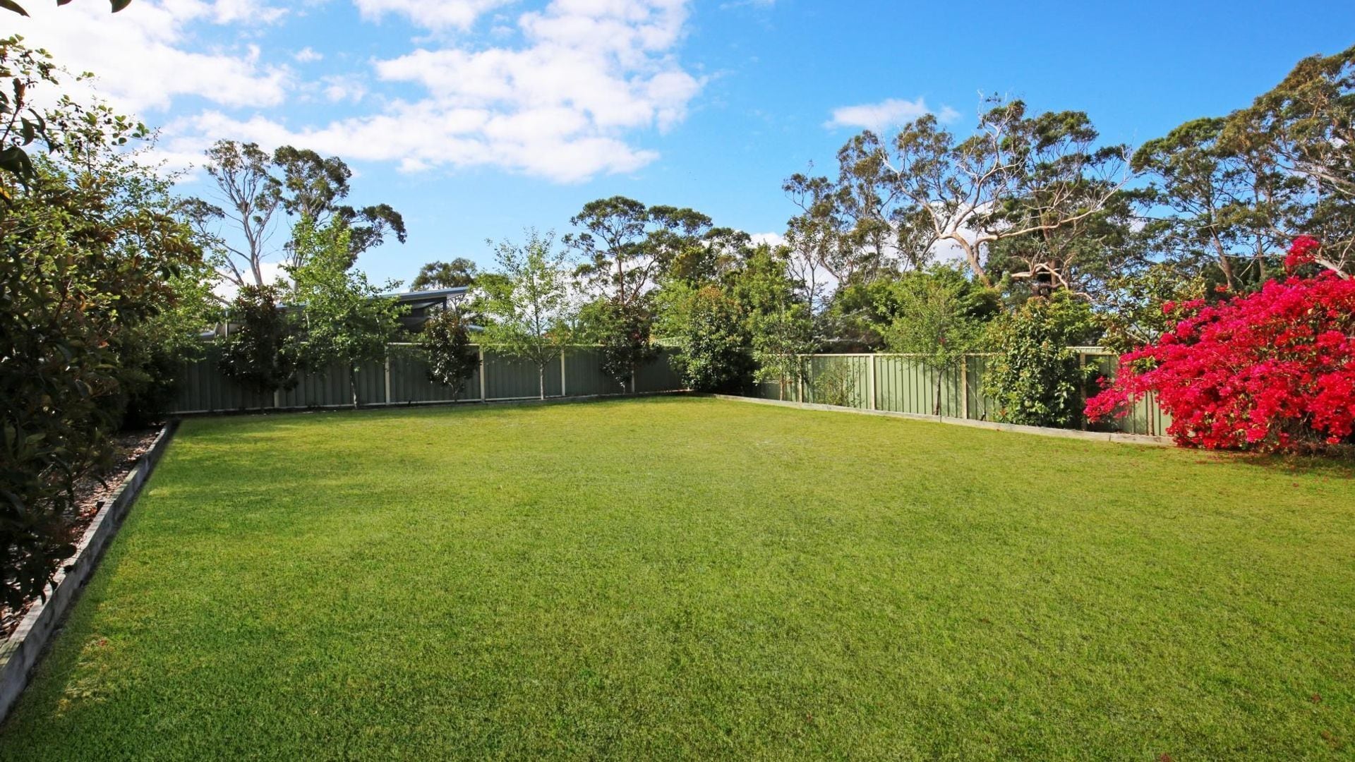 A well-maintained backyard with a green lawn, a wooden fence, and a variety of trees and shrubs.