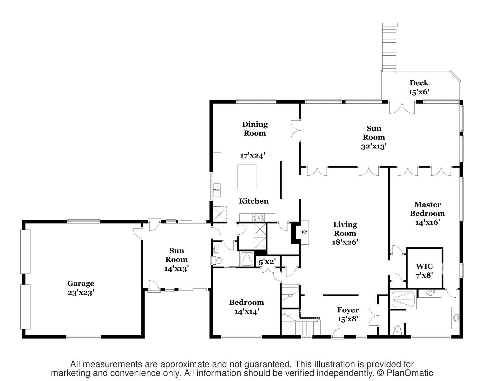 A floor plan of a house with a garage, dining room, kitchen, sun room, living room, bedroom, master bedroom, foyer, and a deck.