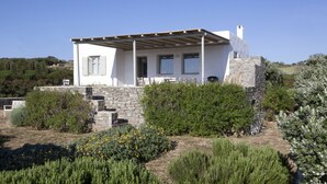 Ein modernes Haus mit Naturstein-Fassade, einer überdachten Veranda und einem Garten mit verschiedenen Pflanzen und Blumen.