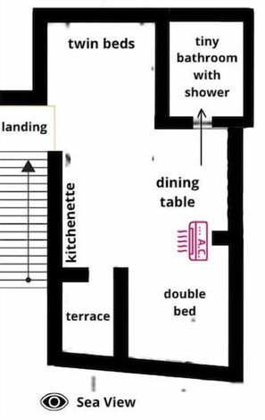 En planritning som visar ett rum med två separata sängar, ett litet badrum med dusch, ett matbord, en dubbelsäng, en terrass och ett litet kök.