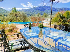 Une table avec un plateau en verre, des chaises, une bouteille de vin et une plante en pot, le tout disposé dans un cadre extérieur ensoleillé, avec une piscine et des montagnes en arrière-plan.