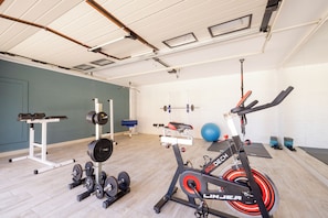 A gym with exercise equipment, a bench, and a wall-mounted rack.