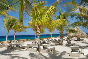 A beach with lounge chairs and palm trees, a thatched structure, and a clear blue ocean.