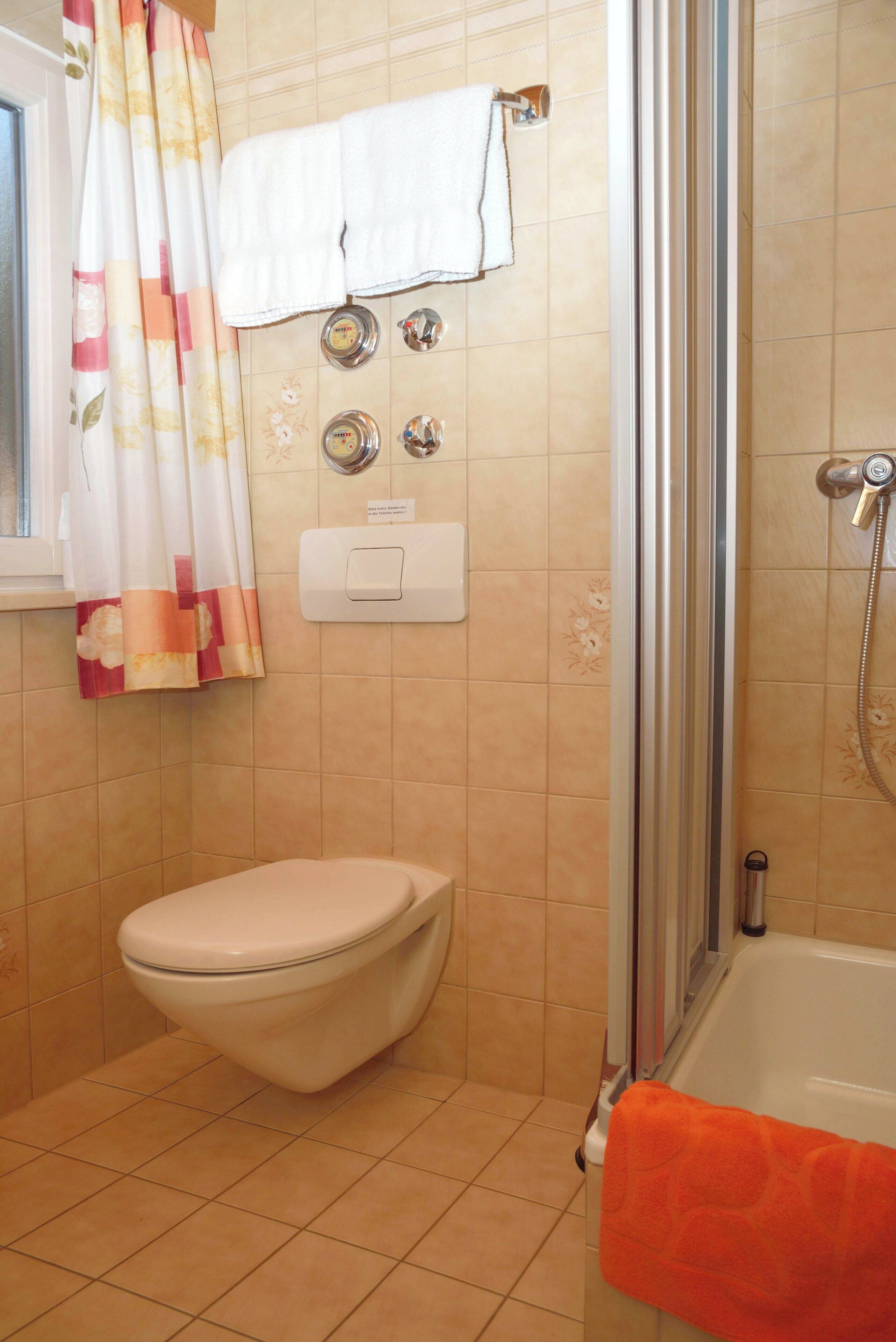 Un baño con inodoro, ducha y perchero.