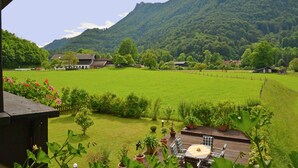 A wooden deck with outdoor furniture, surrounded by a lush green field and a mountain in the background. - No.4 Apartment 50 sqm with one separate bedroom, kitchen-living room, east-facing balcony (Aschau im Chiemgau)