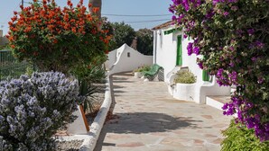 Un estrecho sendero de piedra que conduce a un edificio blanco con contraventanas verdes.