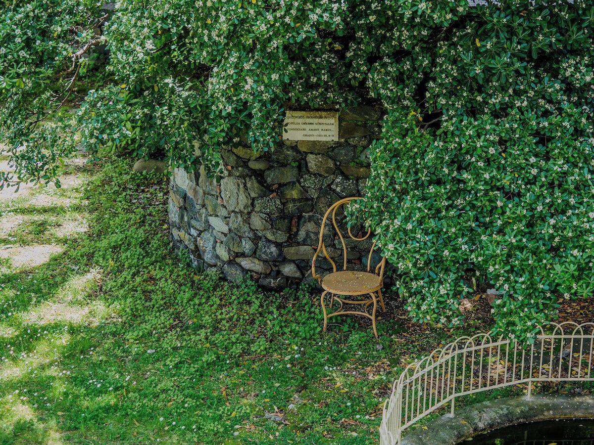A stone wall with a chair and a sign, surrounded by greenery.