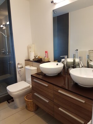 Baignoire, séchoir à cheveux, serviettes fournies, savon