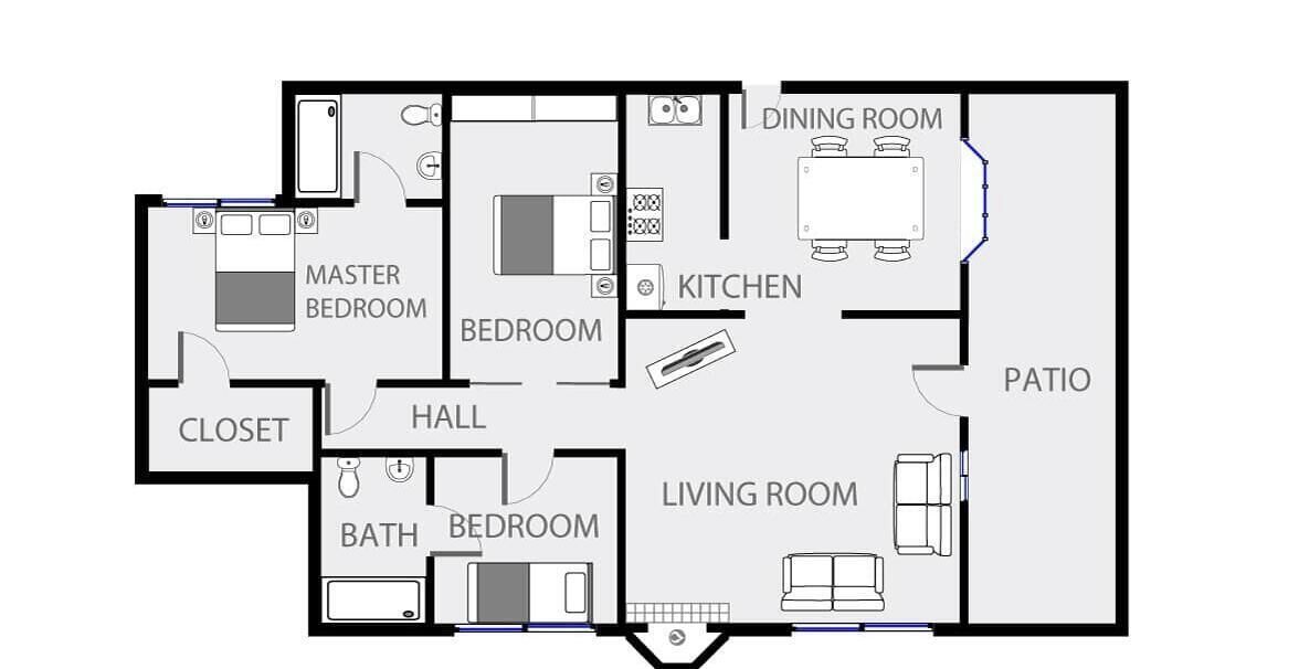 A floor plan with a master bedroom, two bedrooms, a kitchen, dining room, living room, bathroom, closet, and a patio.