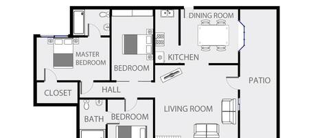 A floor plan with a master bedroom, two bedrooms, a kitchen, dining room, living room, bathroom, closet, and a patio.