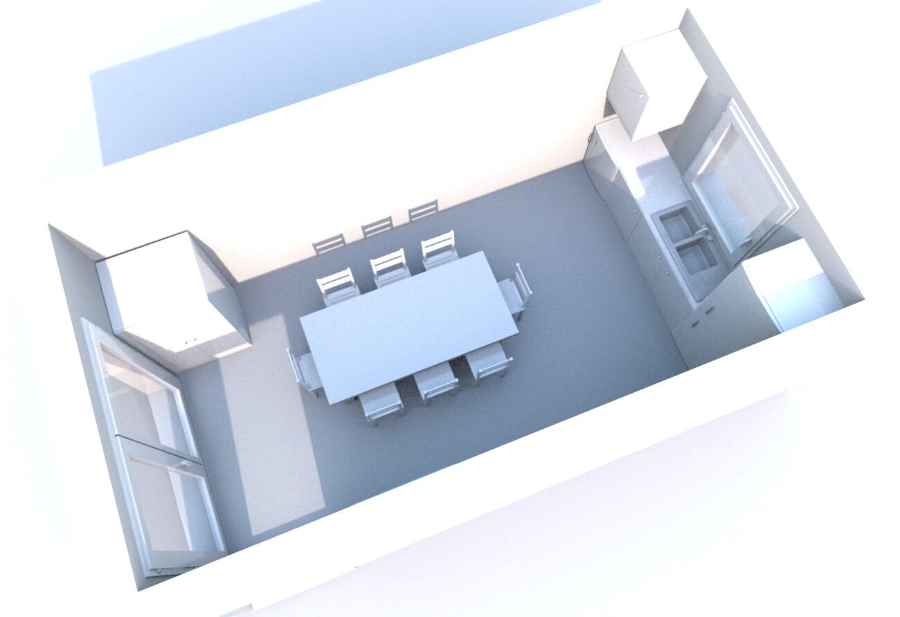 En 3D-visualisering af et moderne hotelværelse med en stor seng, et skrivebord og en stol.