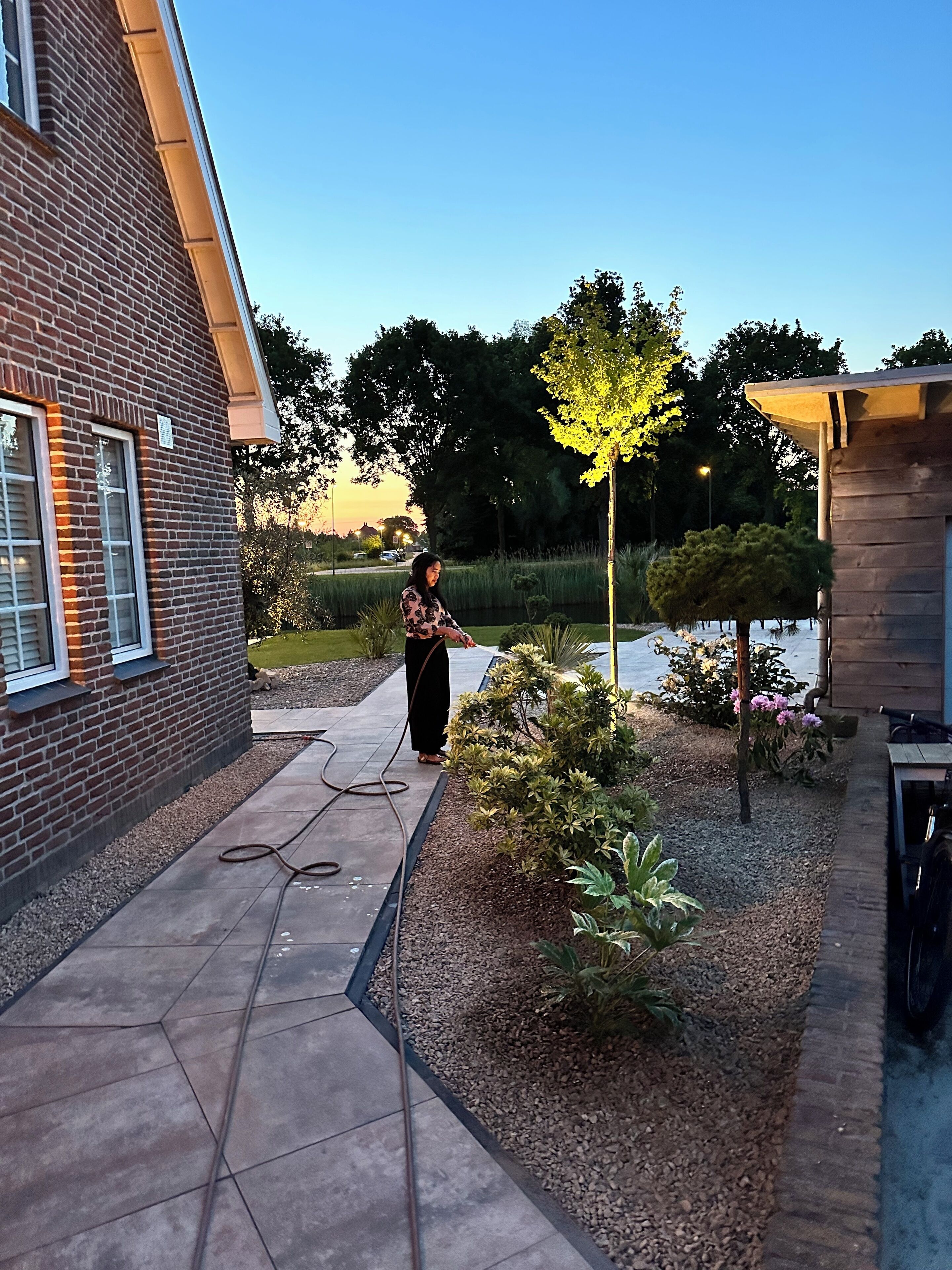 Una casa de ladrillo con un patio empedrado, un pequeño jardín con arbustos y flores, y un árbol de hojas amarillas.