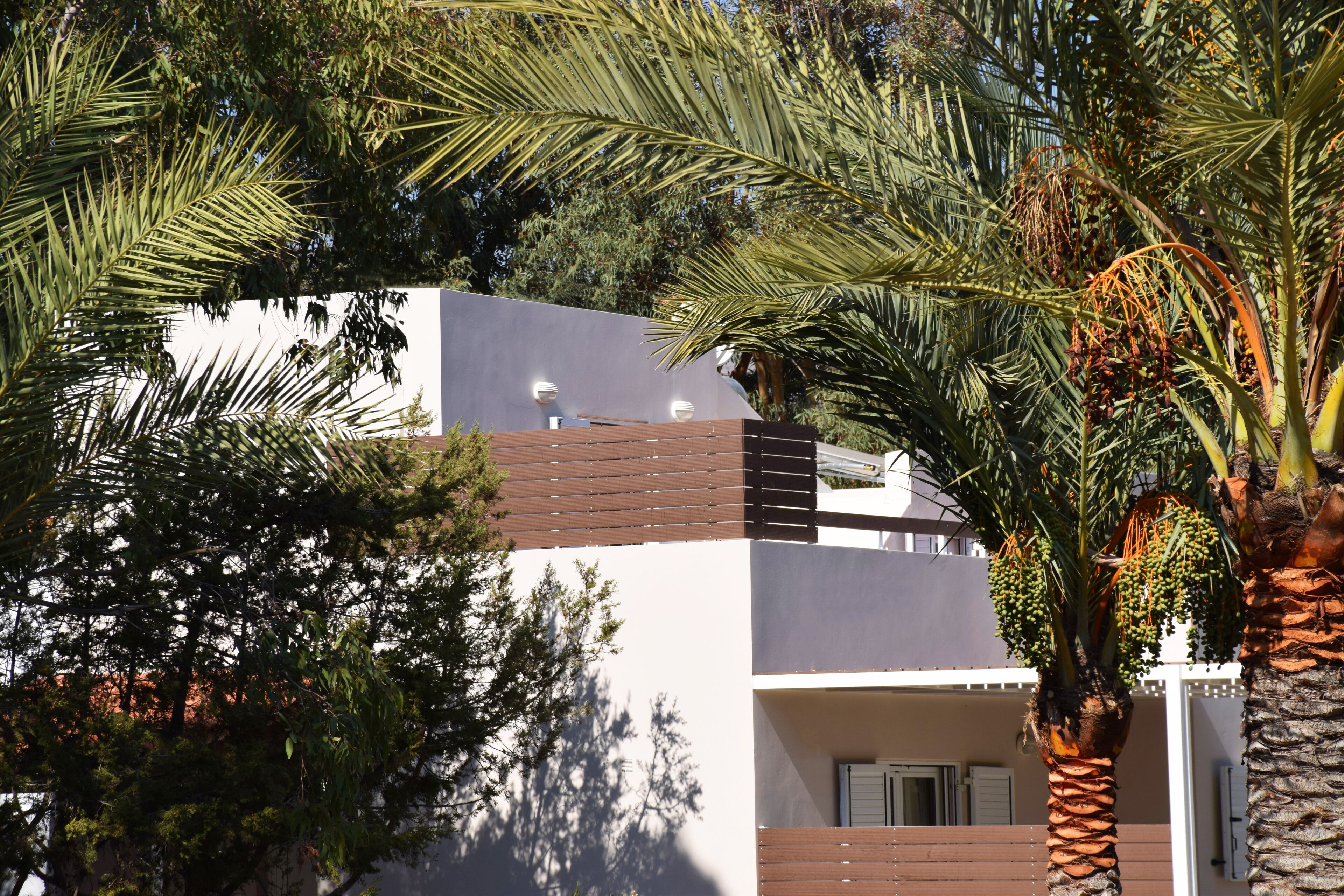 Ein modernes Gebäude mit Flachdach, großen Fenstern und einem Balkon.