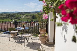 Un balcon avec une table et des chaises, des plantes en pot et une vue sur la campagne.