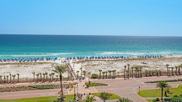 Ein Strand mit Sonnenschirmen und Menschen, eine Straße mit Palmen und ein klarer, blauer Himmel.